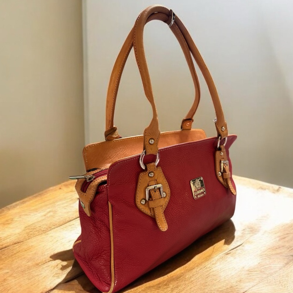 Red and Tan Leather Structured Shoulder Bag with Handles - Picture 2 of 13